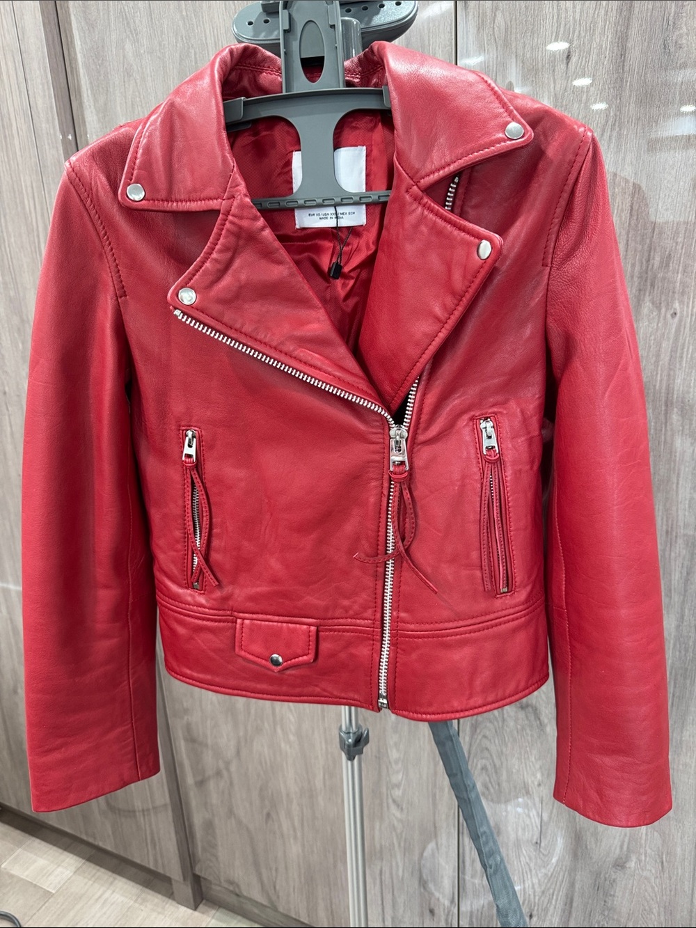 Mango Red Leather Moto Jacket with Zip Details